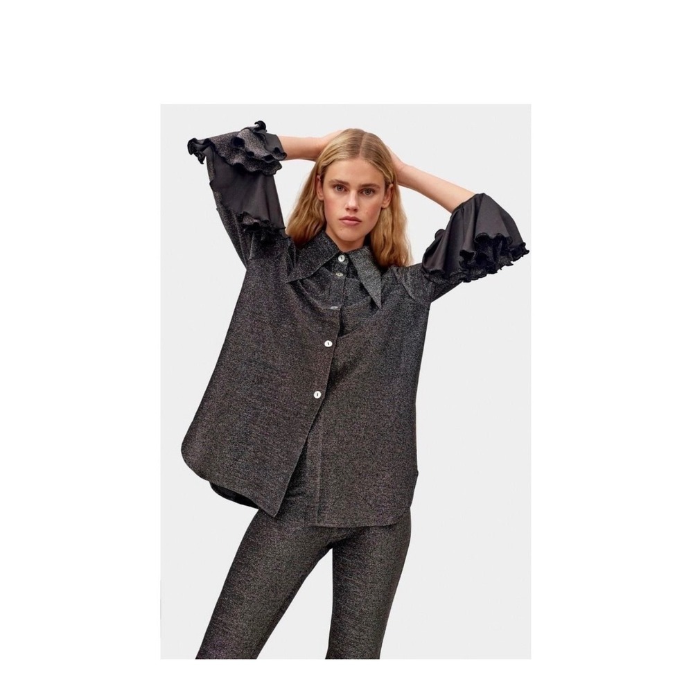 Sleeper Lurex Sparkle Ruffle Sleeve Button Top Sz S Partycore Glam Disco Chic